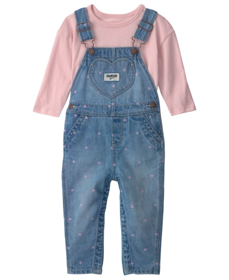 Baby Girls' Long-Sleeve Top and Heart Denim Overalls, 2-Piece Set