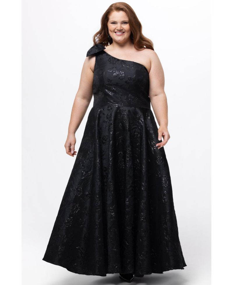 Women's One Shoulder Brocade Plus Size Formal Dress with Bow