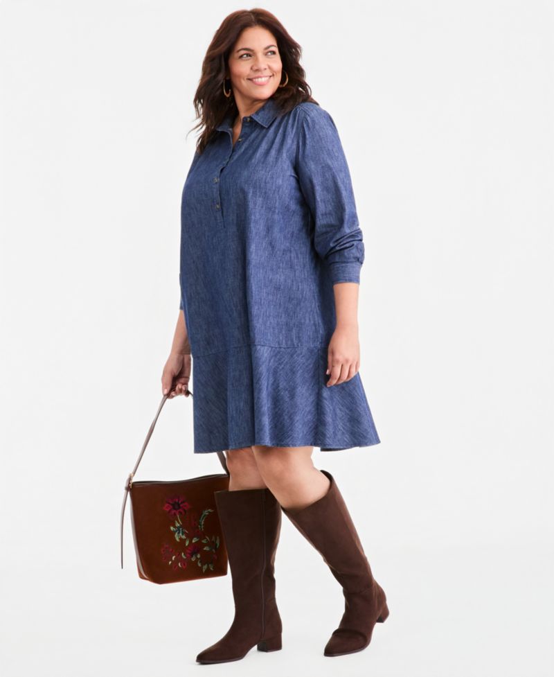 Plus Long-Sleeve Peplum Cotton Shirt Dress