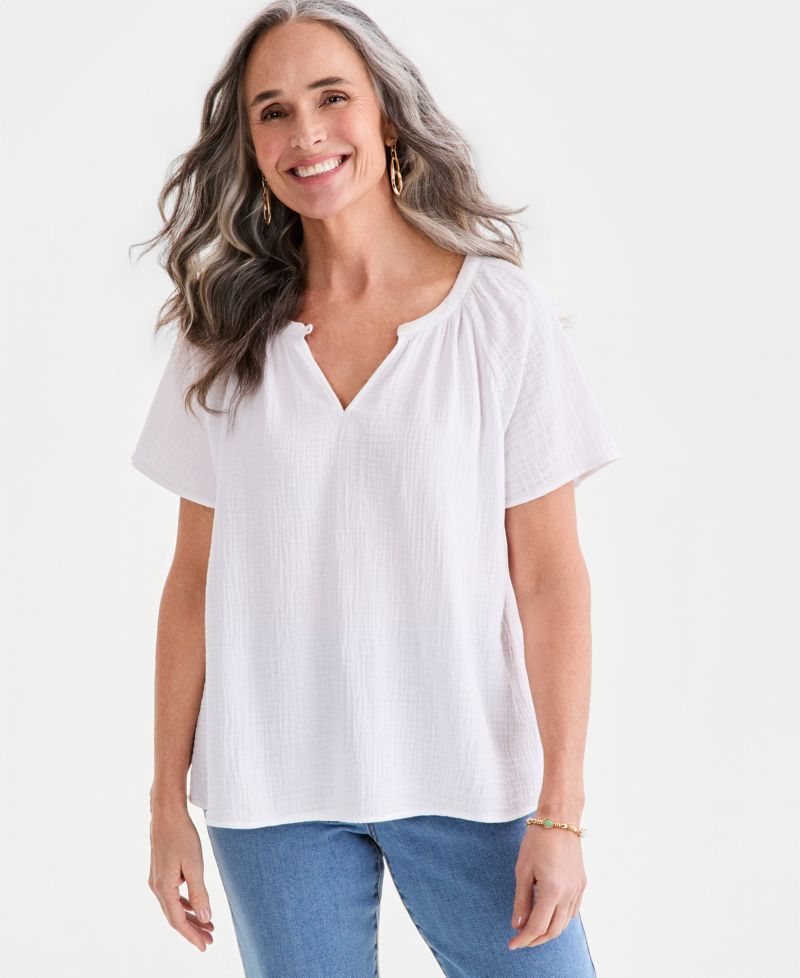 Petite Cotton Gauze Flutter-Sleeve Top