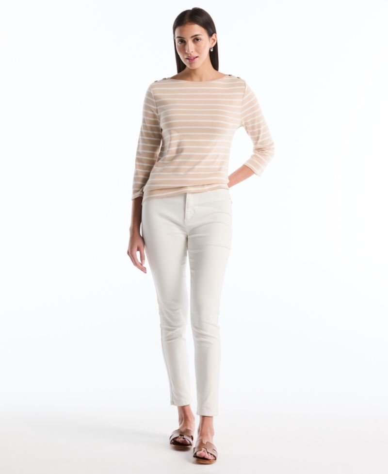 Petite Stripe Button Detail Boat Neck Top