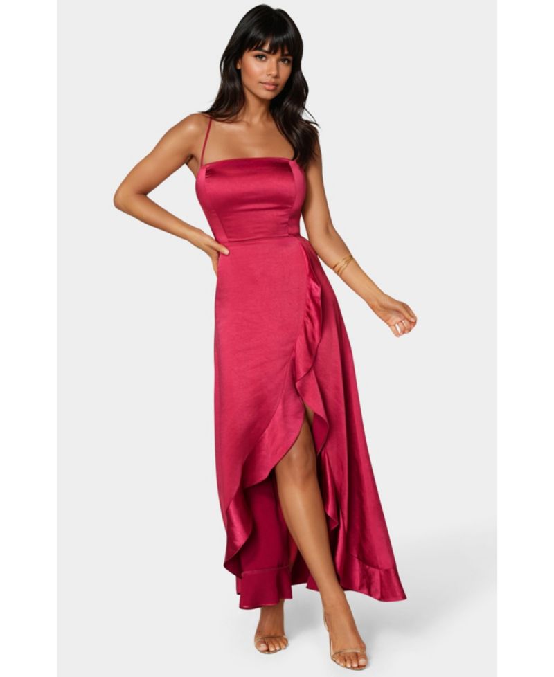 Women's Satin Ruffle Maxi Lace Up Back