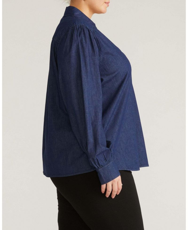 Plus Size Maisie Chambray Popover Long-Sleeve Blouse