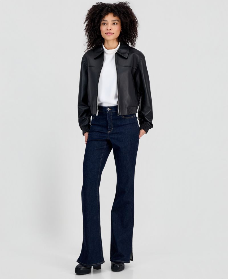 MICHAEL Women's Leather Zip-Up Bomber Jacket