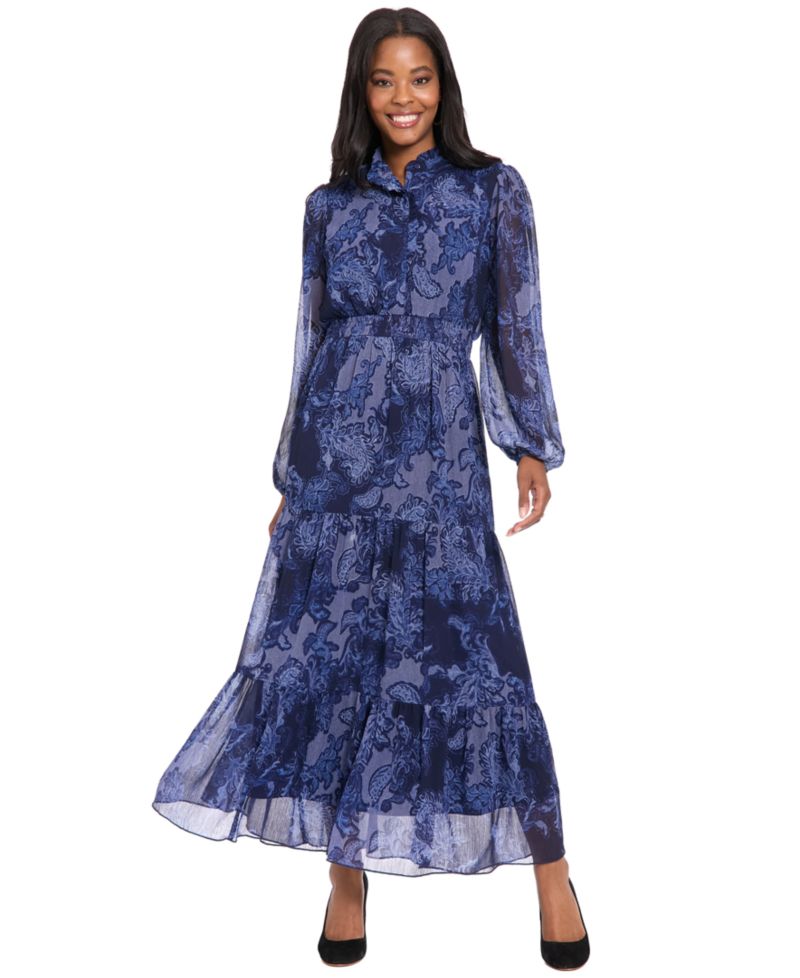 Women's Printed Tiered Mock Neck Maxi Dress
