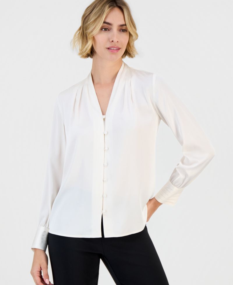 Women's Satin Pleated-Cuff Button-Front Blouse