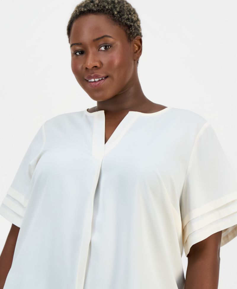 Petite Pleated-Sleeve Split-Neck Top