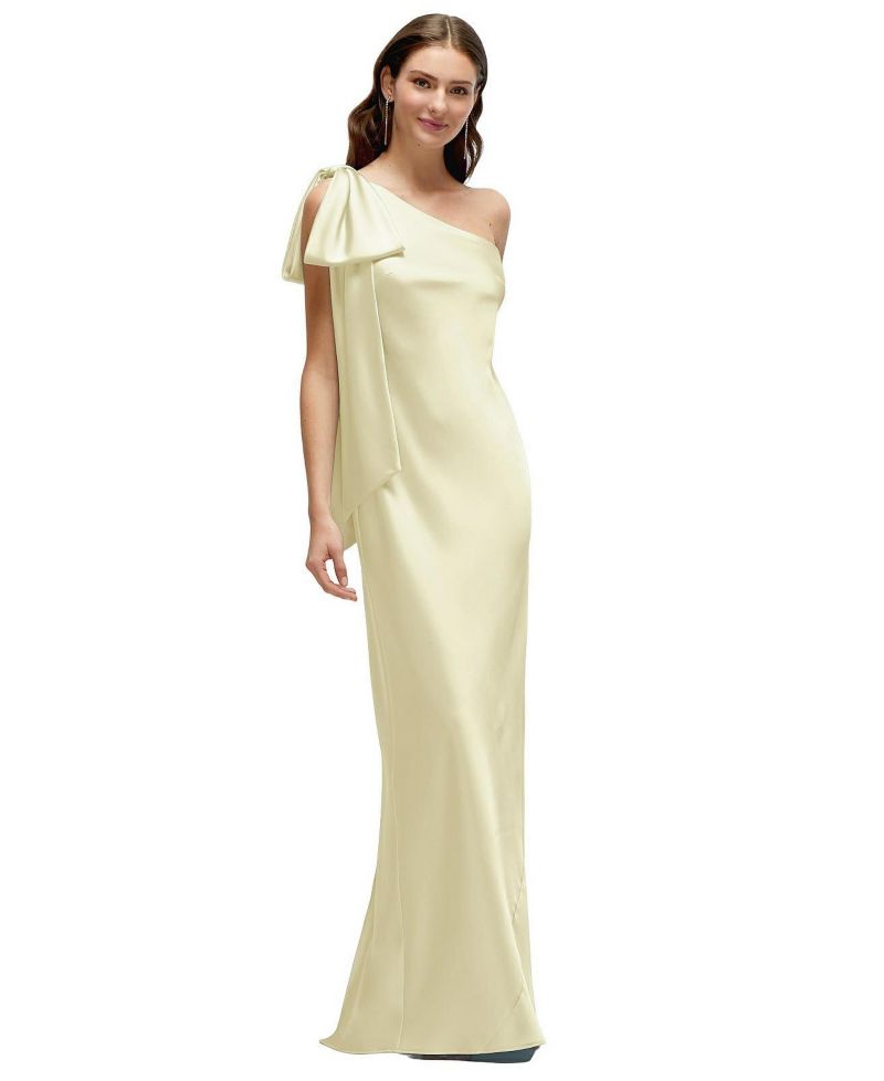 Women's One-Shoulder Bias-Cut Satin Maxi Dress with Cascading Shoulder Bow