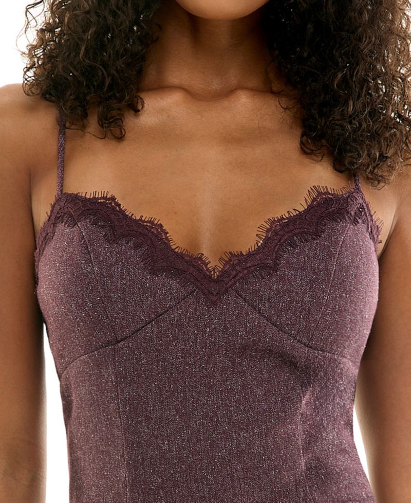 Juniors' Lace Trim Herringbone V-Neck Dress