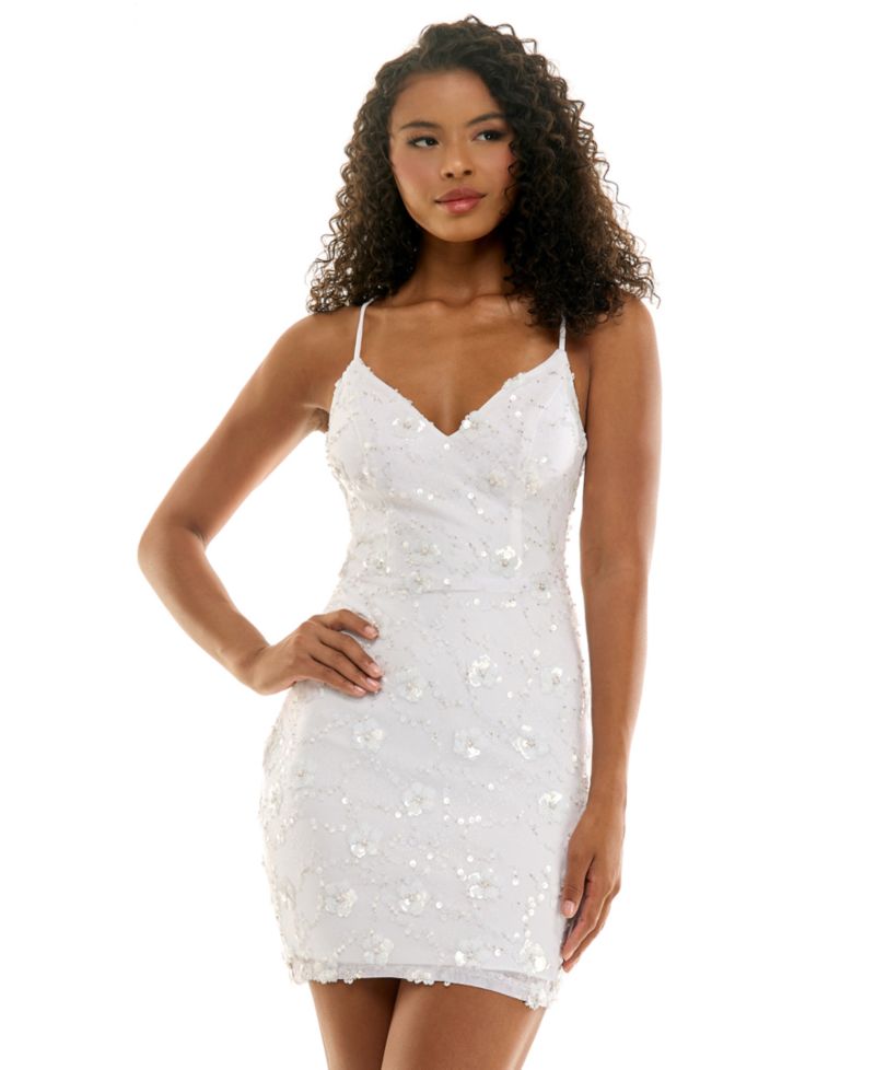 Juniors' Floral-Beaded Bodycon V-Neck Mini Dress