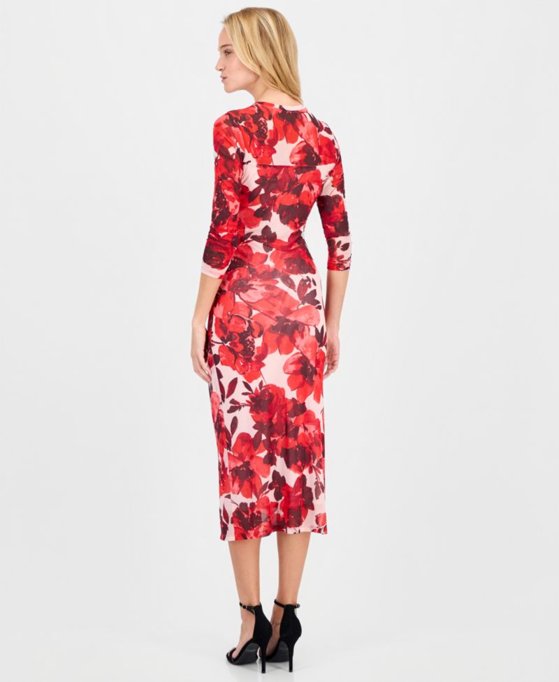Women's Side-Ruched 3/4-Sleeve Midi Dress