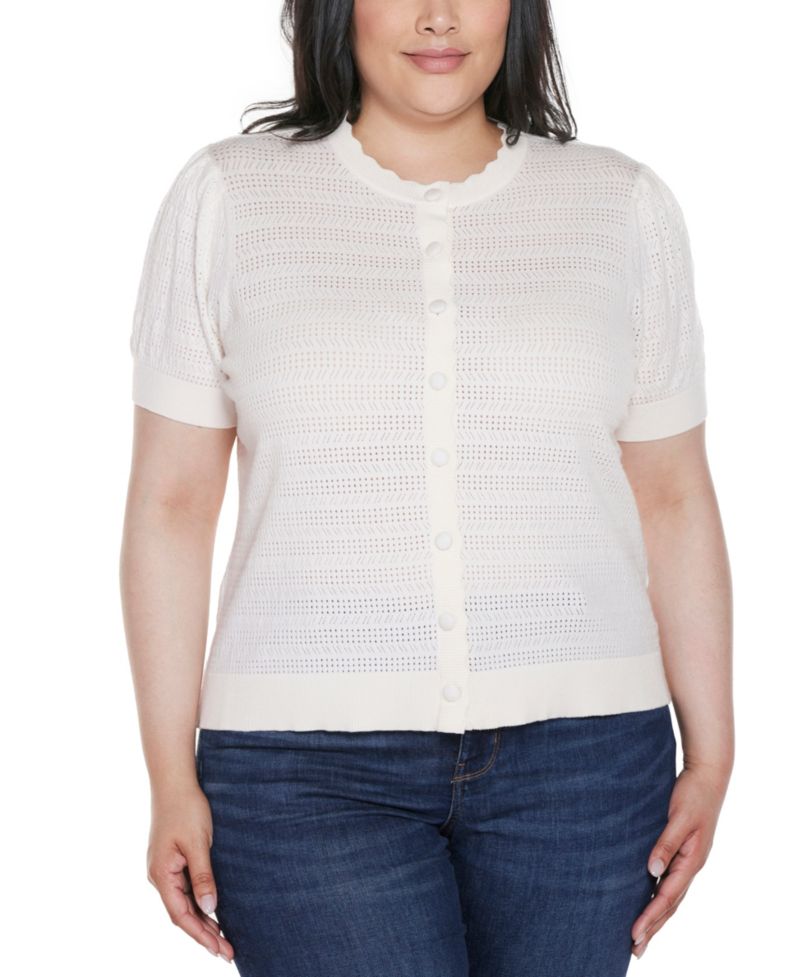 Plus Size Pointelle Scalloped-Placket Cardigan Sweater