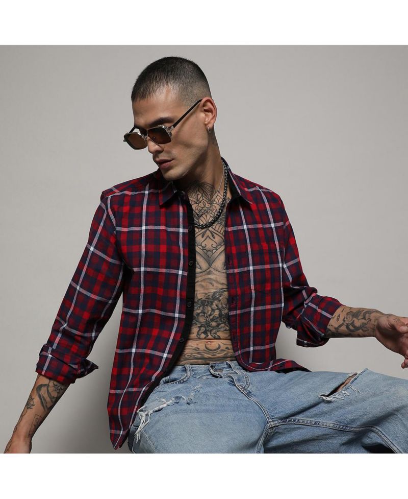 Men's Navy Blue & Red Tartan Plaid Shirt