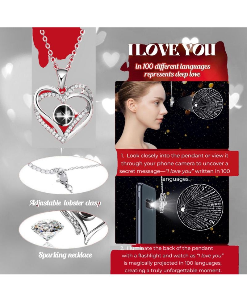 Preserved Pink Rose Gift Box with LED Lights & Double Heart Projection Necklace, I Love You in 100 Languages, Forever Rose Gift