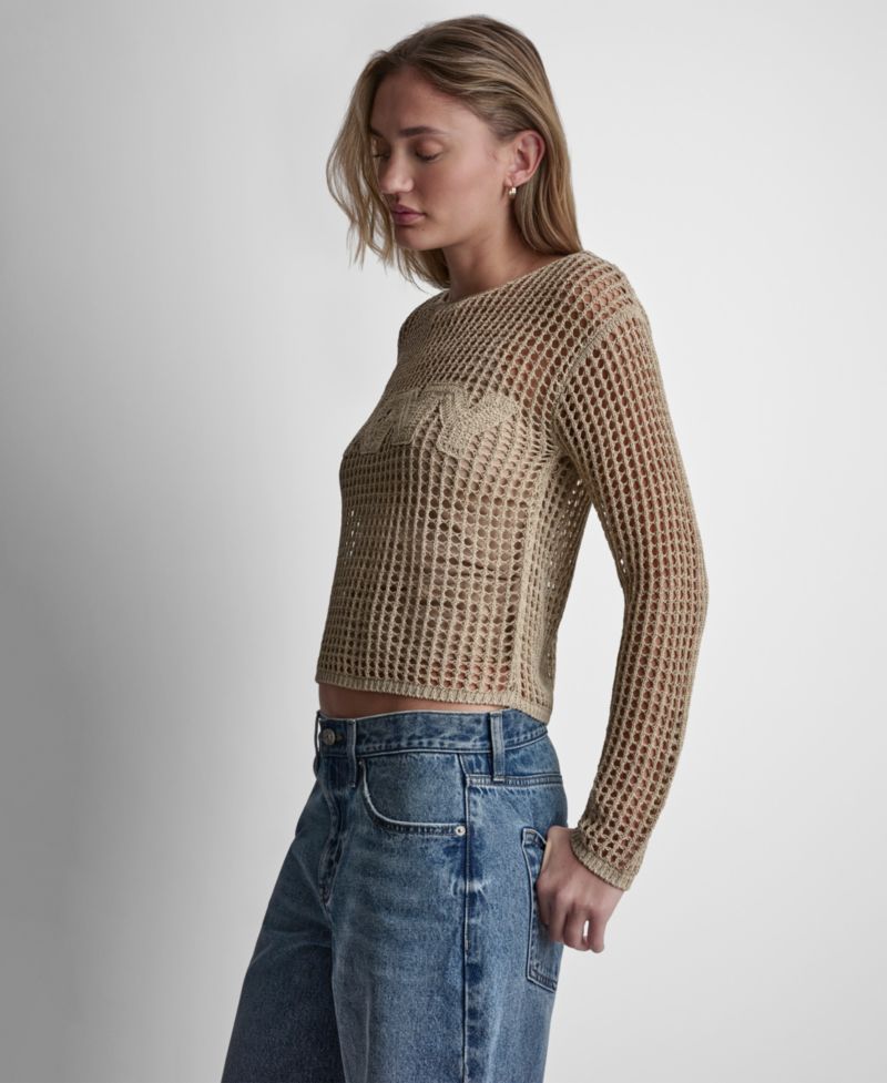 Petite Long-Sleeve Pointelle Crochet Open-Stitch Boat Neck Logo Sweater