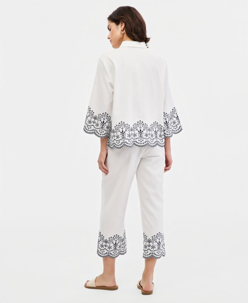 Women's Embroidered Cropped Linen-Blend Pull-On Pants