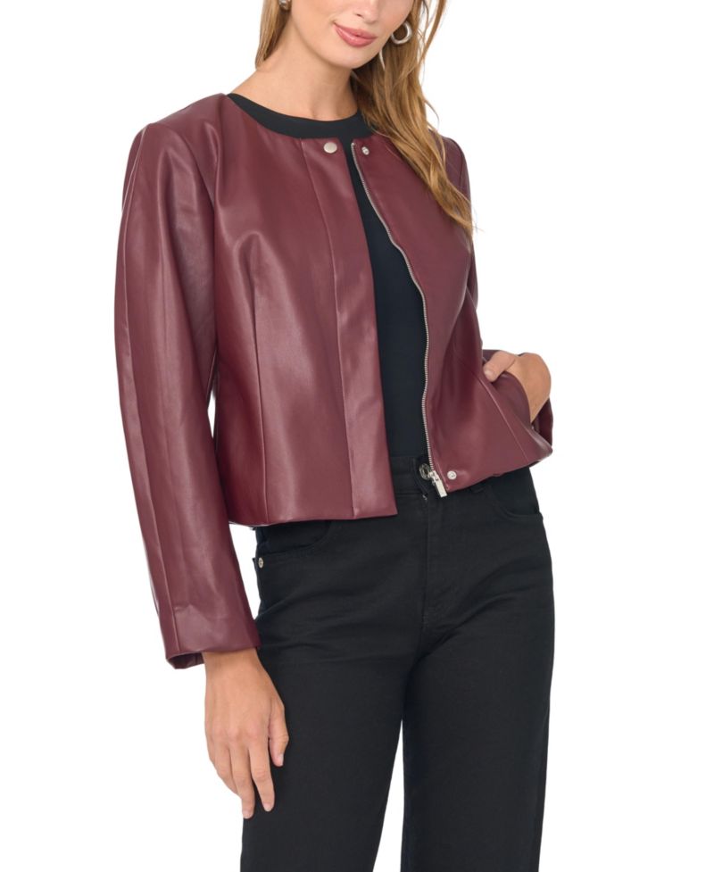 Women's Cropped Balloon-Sleeve Crewneck Faux Leather Jacket