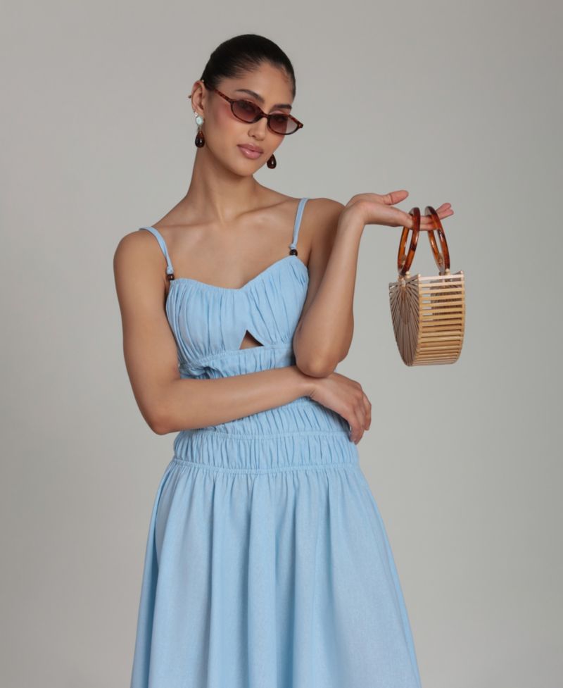 Women's Shirred Handkerchief Hem Linen Blend Asymmetric Midi Dress