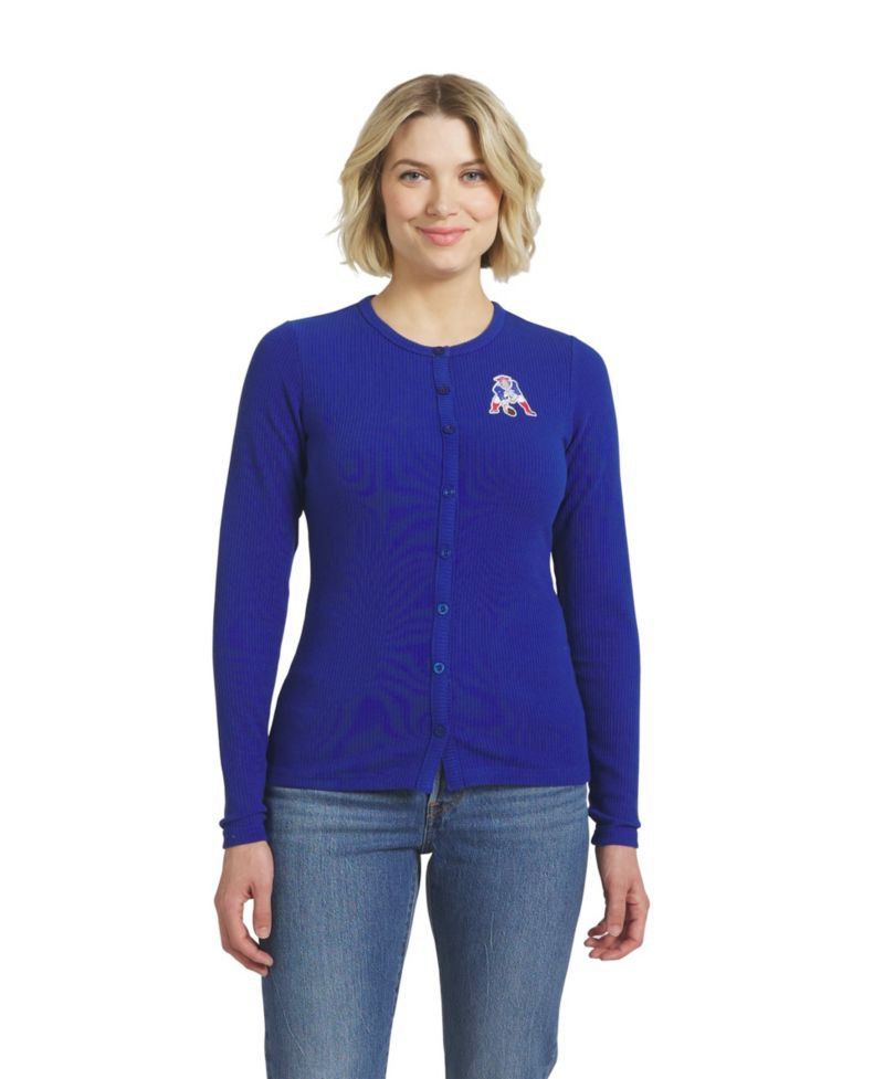 Women's Royal New England Patriots Ribbed Full-Button Cardigan Sweater