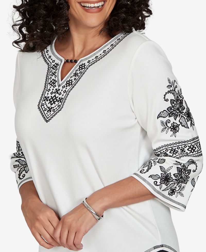Petite Keyhole Neck 3/4-Sleeve Cotton-Blend Knit Top