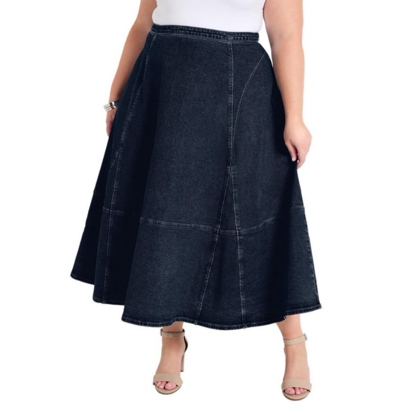 Women's June and Vie Fit-And-Flare Stretch Denim Midi Skirt