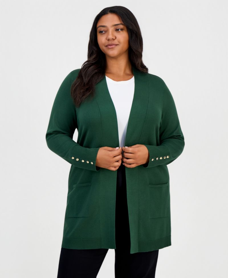 Petite Open-Front Button-Cuff Cardigan Sweater