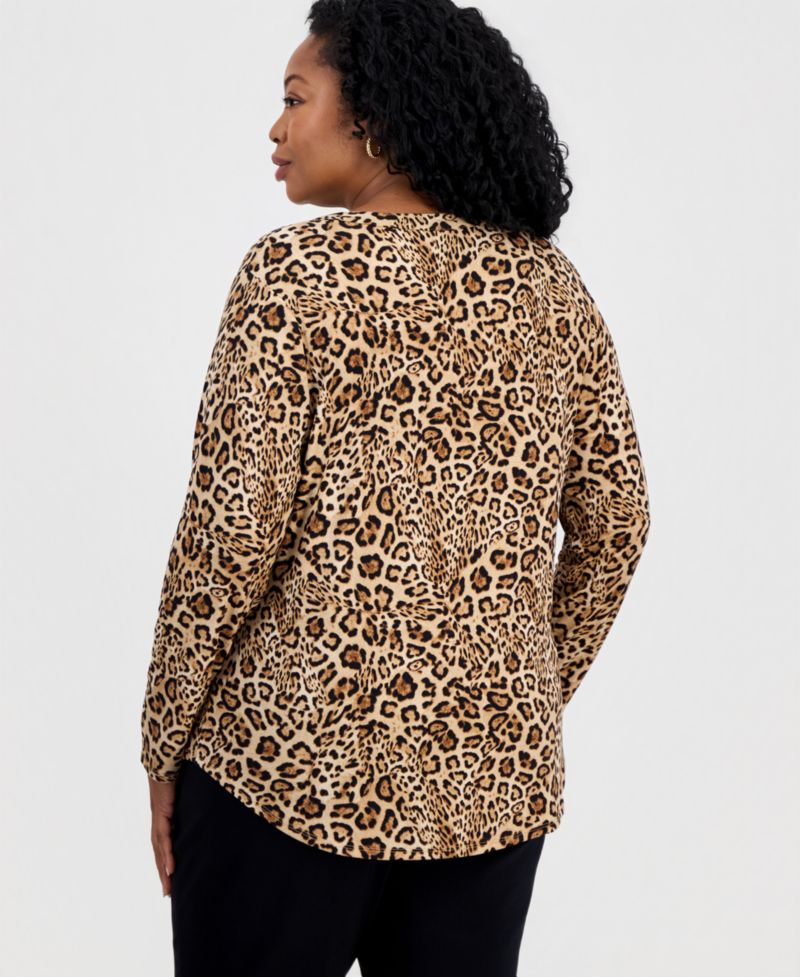 Petite Long-Sleeve V-Neck Leopard-Print Blouse
