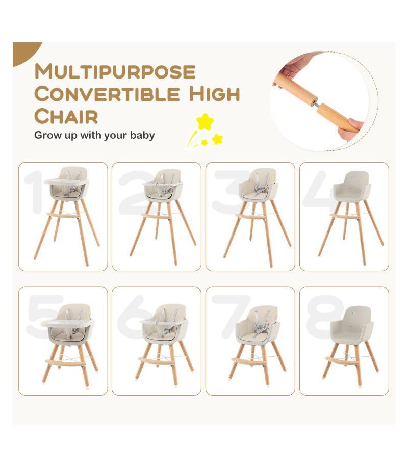 3 in 1 Convertible Wooden High Chair with Soft Cushion for Babies
