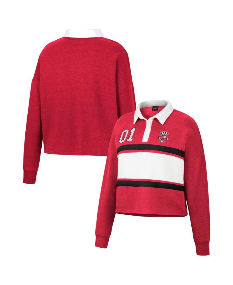 Women's Heather Red Wisconsin Badgers I Love My Job Rugby Long Sleeve Shirt