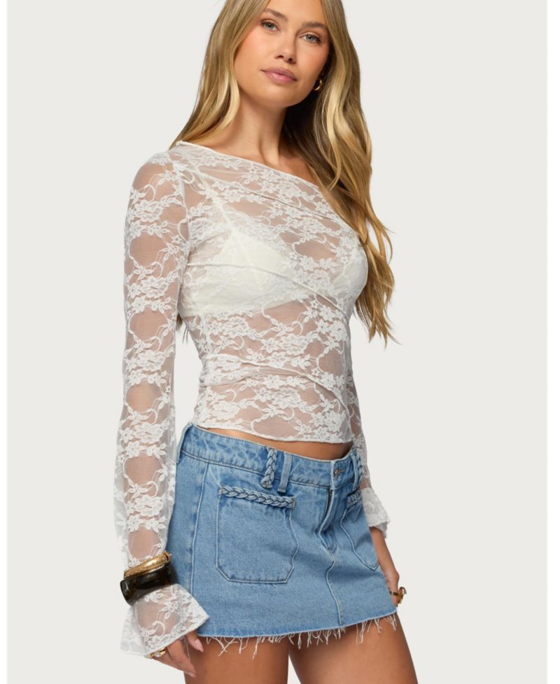 Women's Stitched Sheer Lace Off Shoulder Top