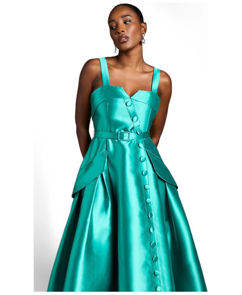 Women's Button-Trim Belted Full Skirt Midi Dress