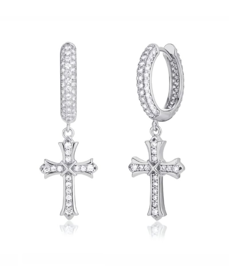 Men's Cubic Zirconia Iced Cross Hoop Earrings in Sterling Silver