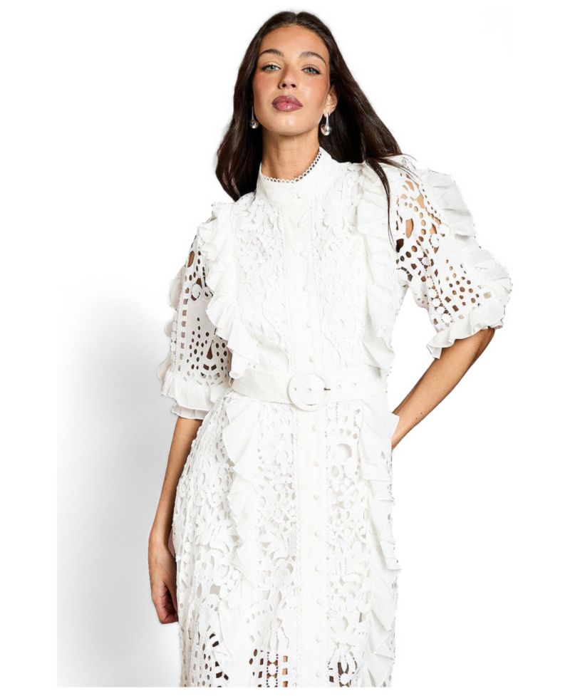 Women's Lace-Ruffle Belted Midi Dress