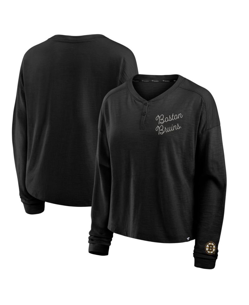 Women's Black Boston Bruins Oversized All Out Effort Long Sleeve Henley T-Shirt