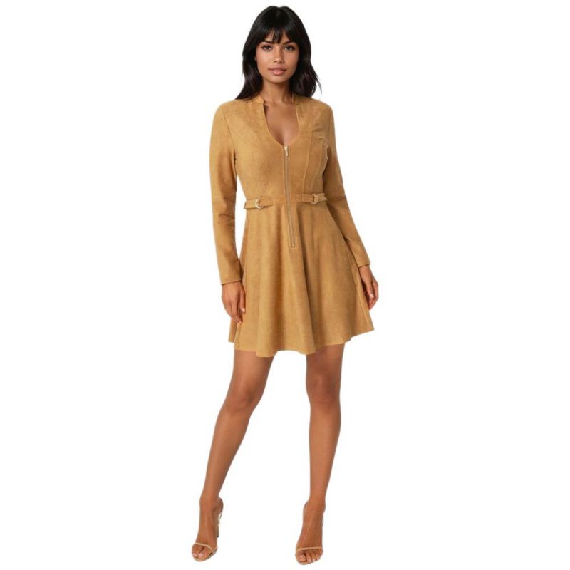 Women's Fit and Flare Long Sleeve Suede Mini Dress