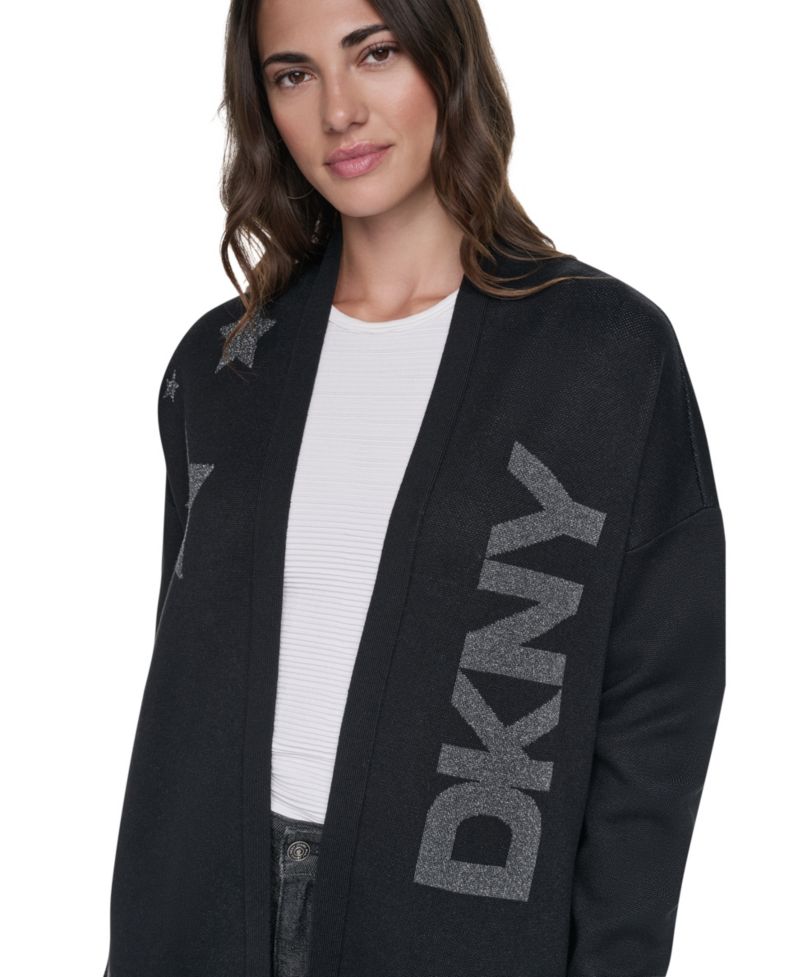 Women's Oversized Lurex Patch Open Front Cardigan Sweater