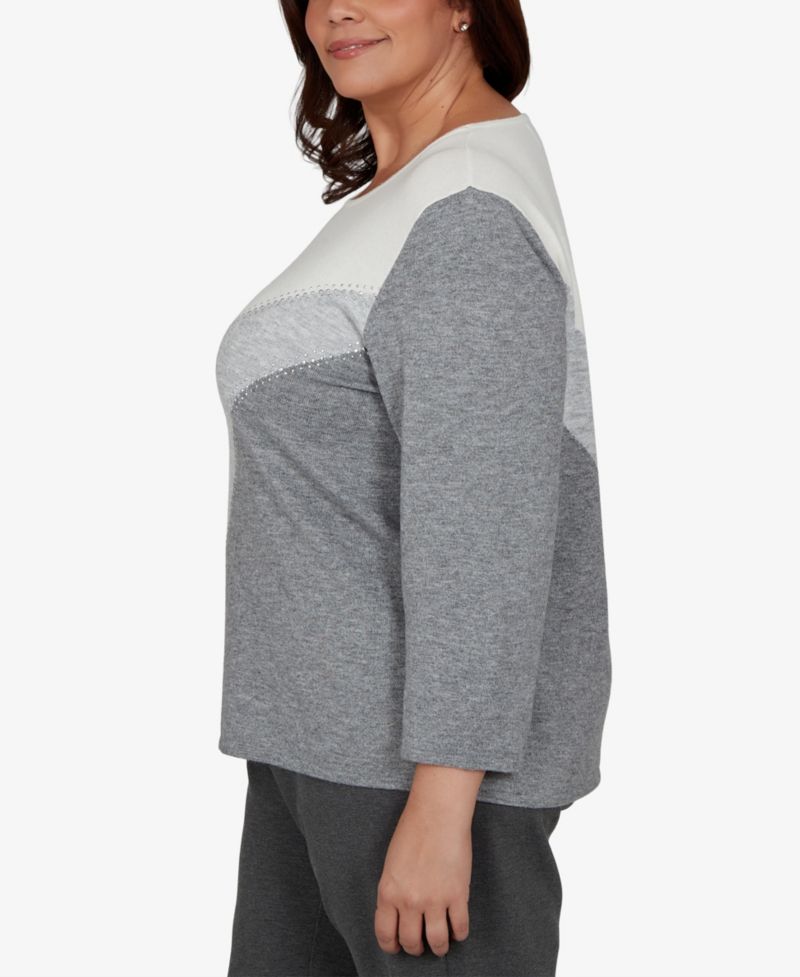 Plus Size 3/4-Sleeve Colorblock Crewneck Pullover Sweater