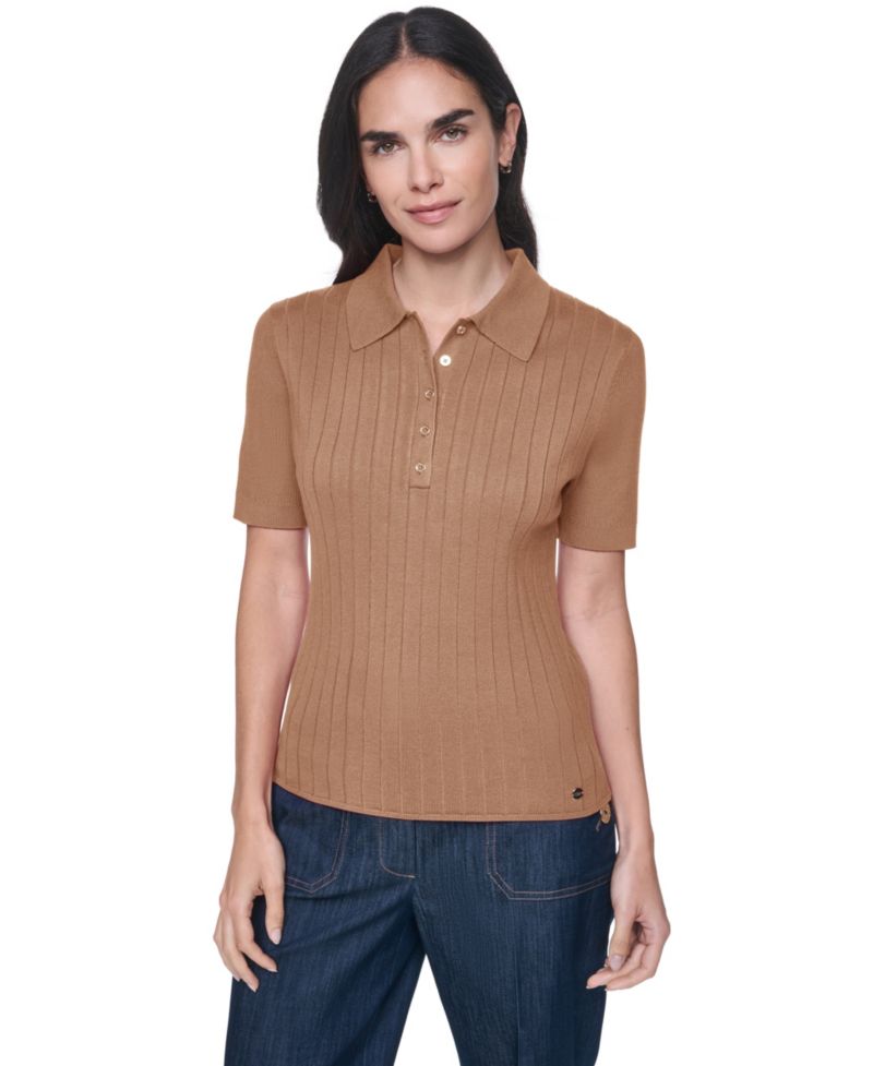 Women's Short-Sleeve Polo Ribbed Sweater
