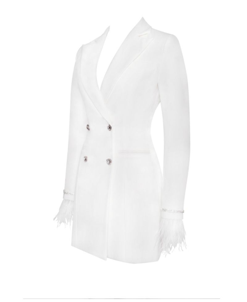Women Quilla White Feather Crystal Sleeve Backless Blazer Dress