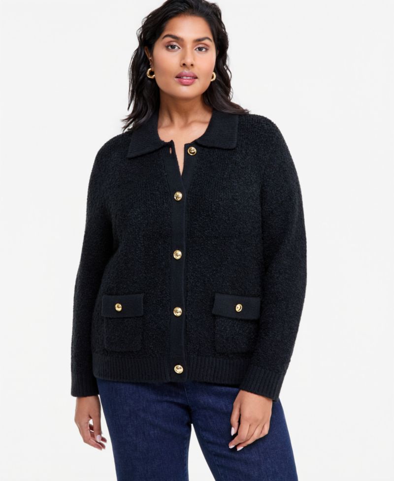 Plus Size Boucl&eacute; Long-Sleeve Cardigan