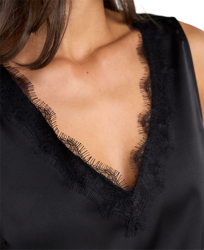 Petite V-Neck Lace-Trimmed Matte Satin Tank Top