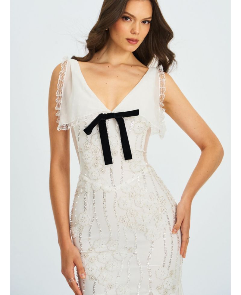 Women Paola White Peter Pan Collar Beaded Sequin Mermaid Midi Dress
