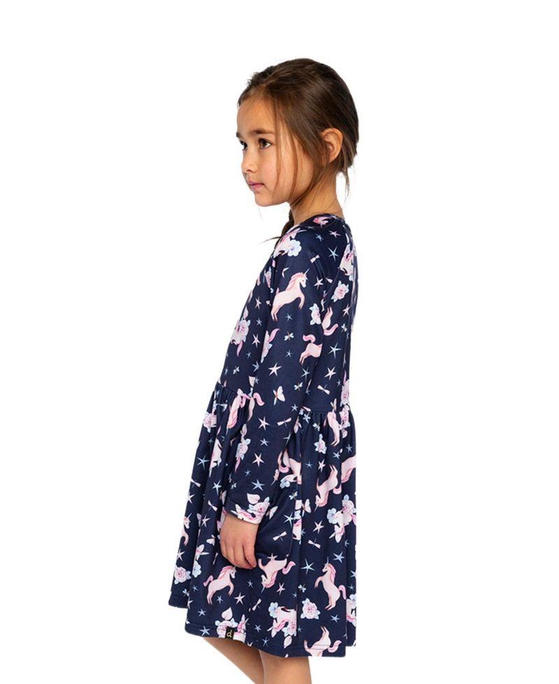 Girls' (6-12) Long Sleeve Unicorn Print Dress