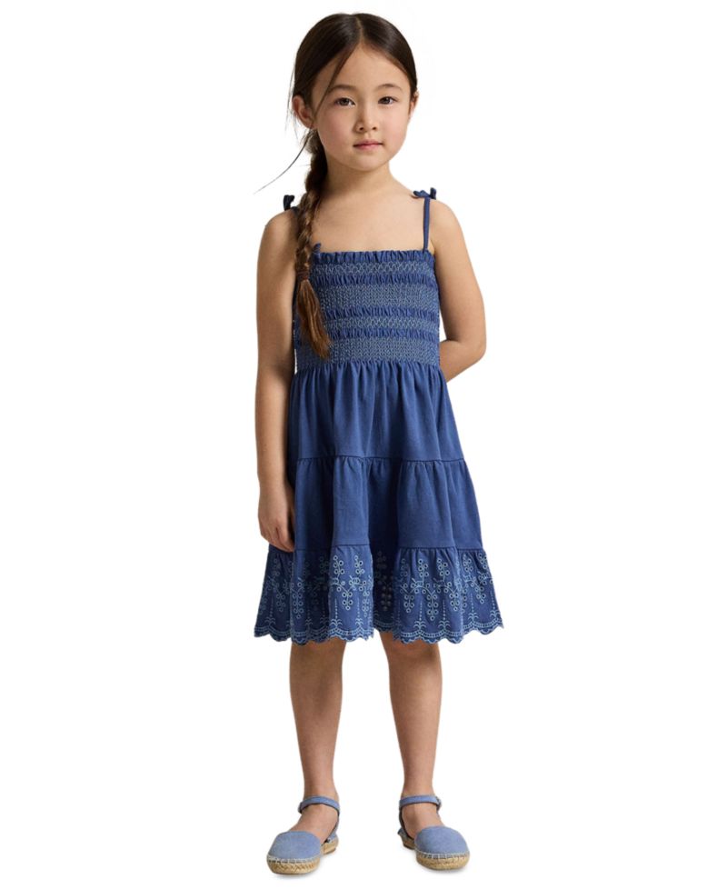 Girls' 2T-6X Smocked Eyelet Cotton Jersey Dress