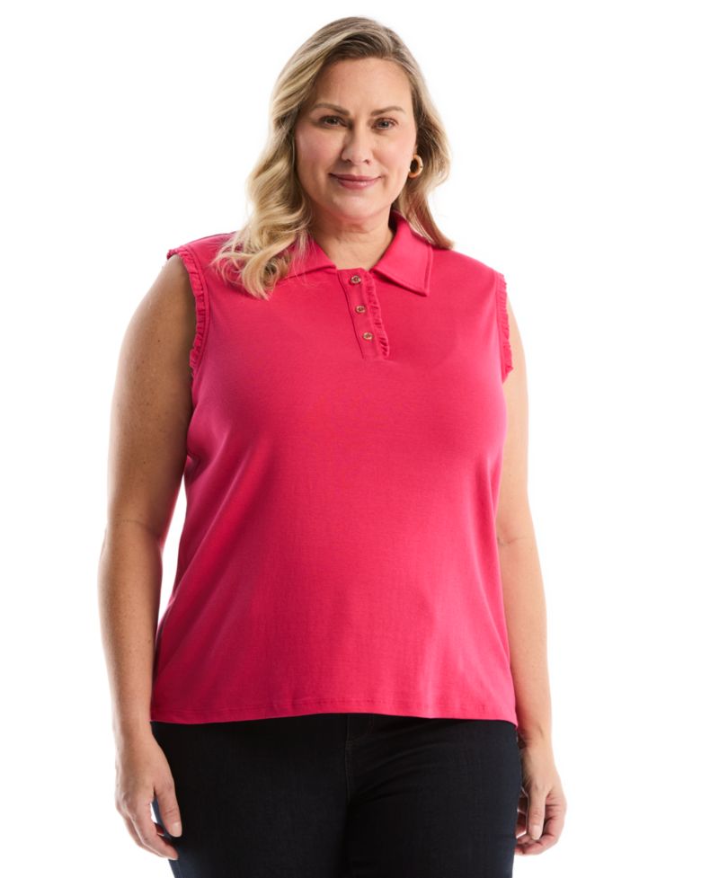 Plus Size Ruffle Trim Sleeveless Polo Shirt