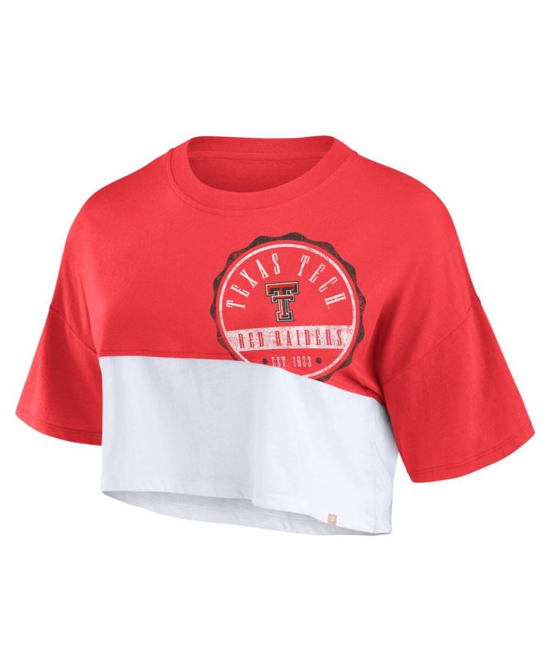 Women's Red/White Texas Tech Red Raiders Oversized Badge Color Block Cropped T-Shirt