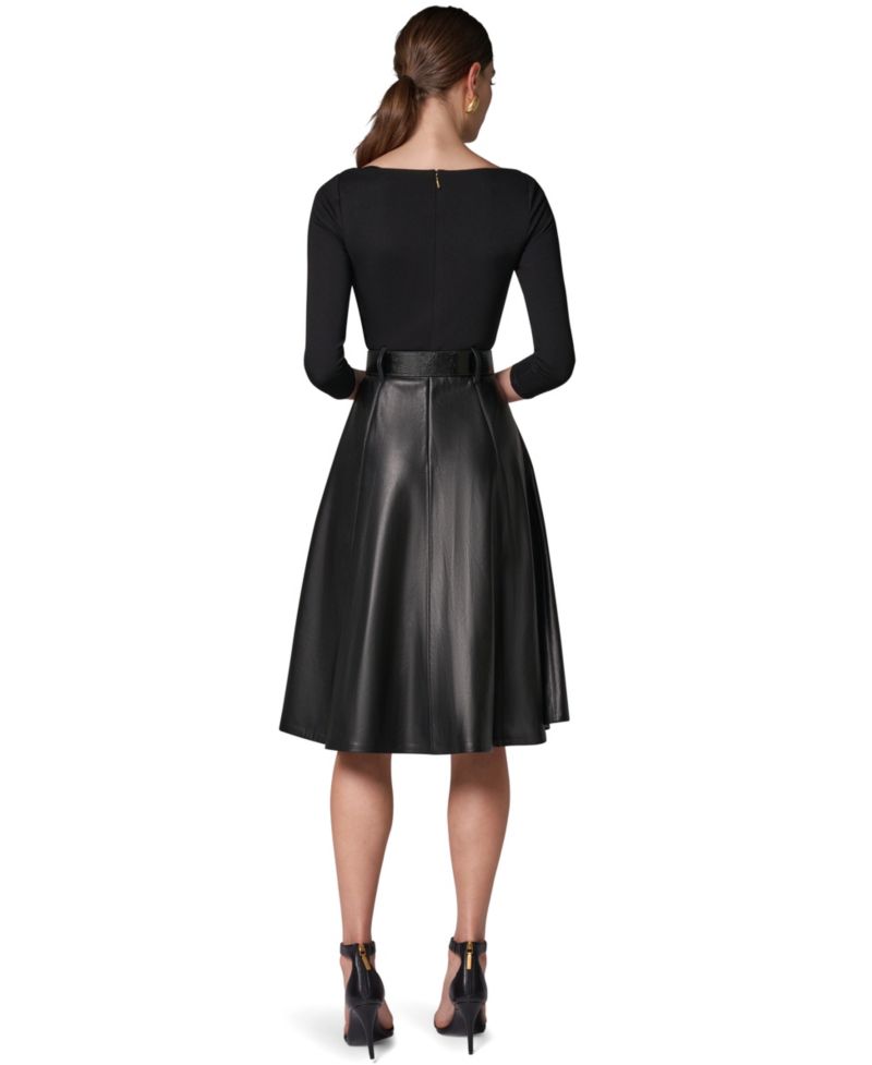 Women's Boat Neck Mixed Media Belted Fit & Flare Dress