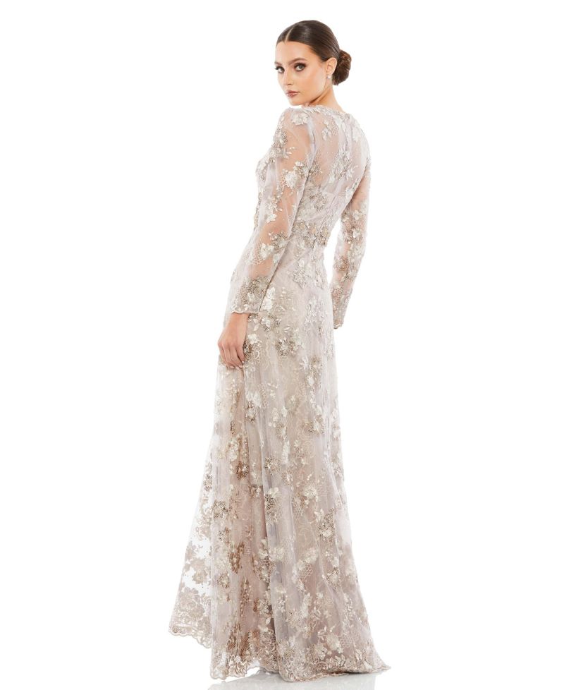 Women's Floral Embroidered Illusion Long Sleeve Evening Gown