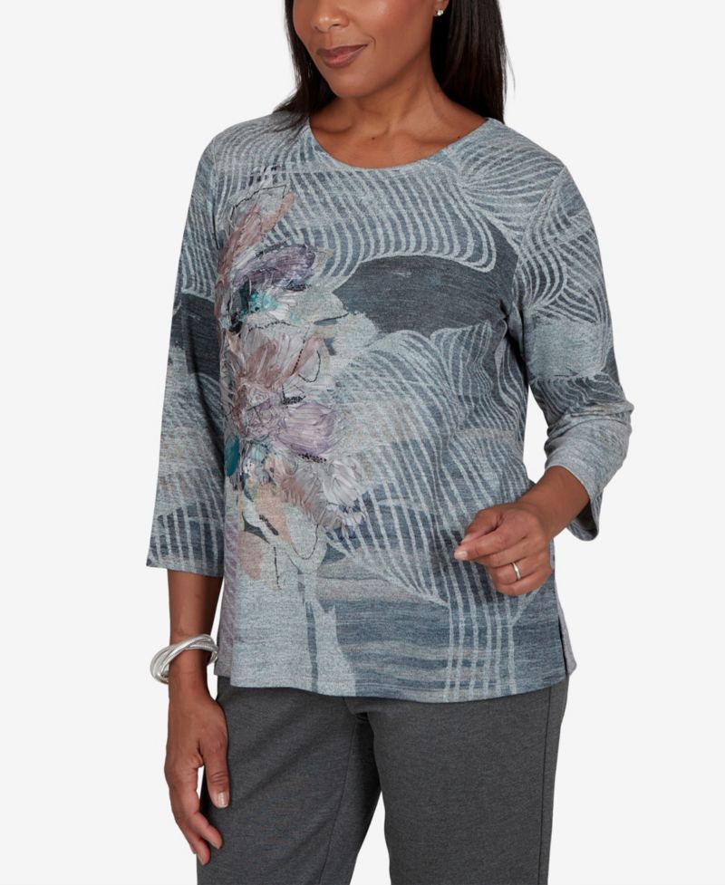 Women's 3/4-Sleeve Floral-Print Knit Top