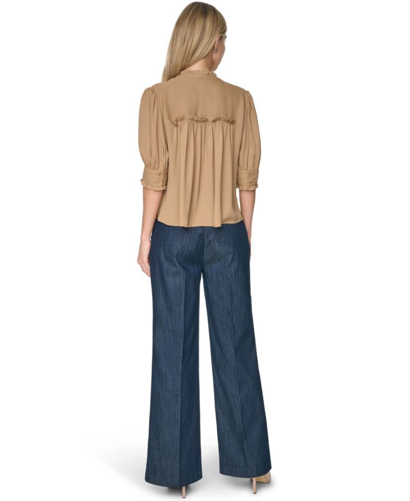 Women's Puff-Sleeve Ruffle Collared Shirt